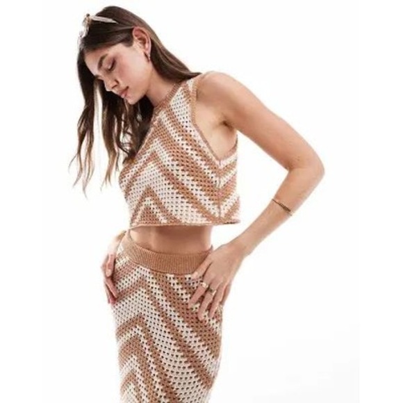ASOS DESIGN Crochet Maxi Skirt Zig Zag Pattern Fringe Tan White Boho - Picture 1 of 11
